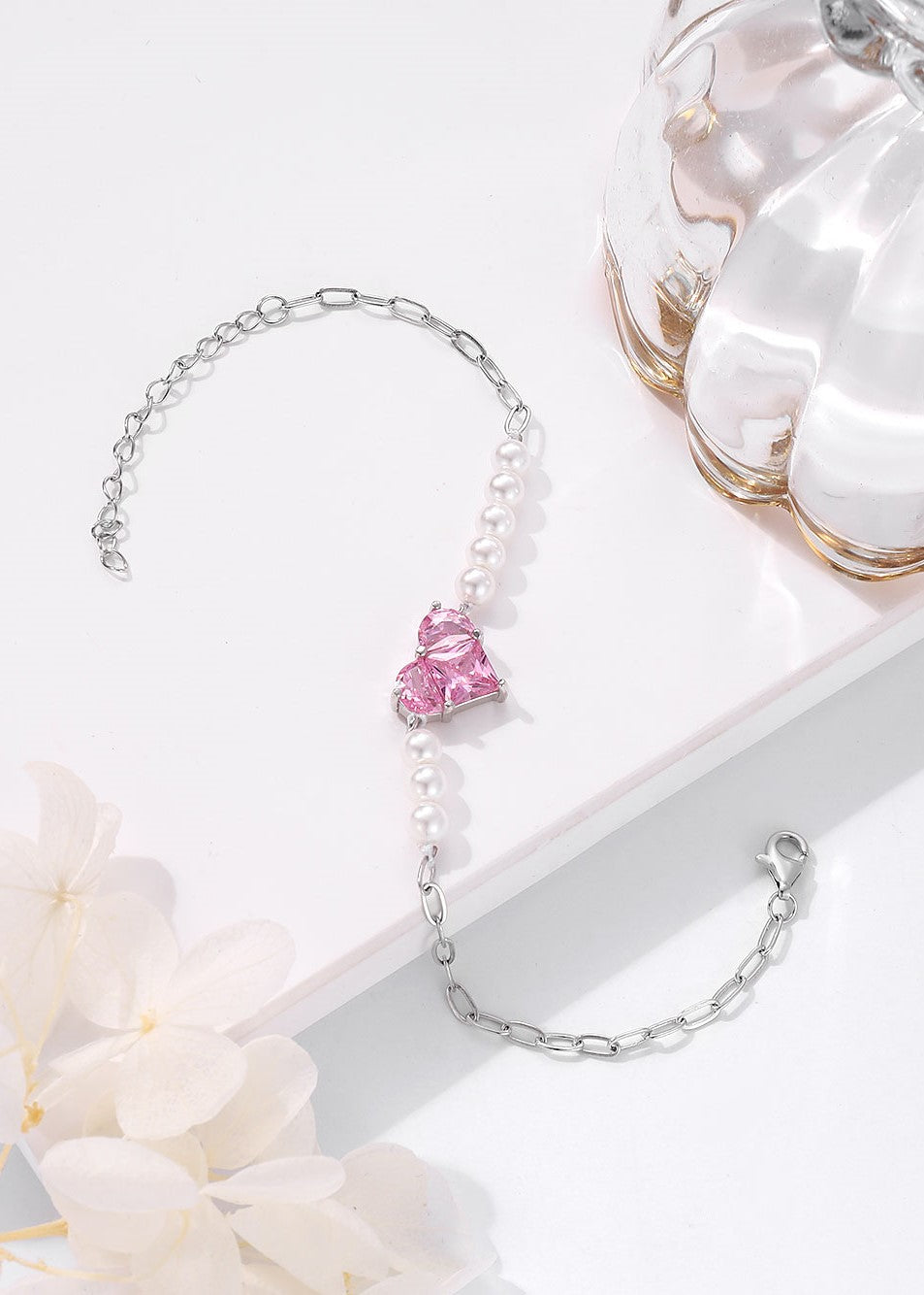 Hearts Of Bloom: Pink Swarovski & Pearl Adjustable Bracelet (ID:10102)