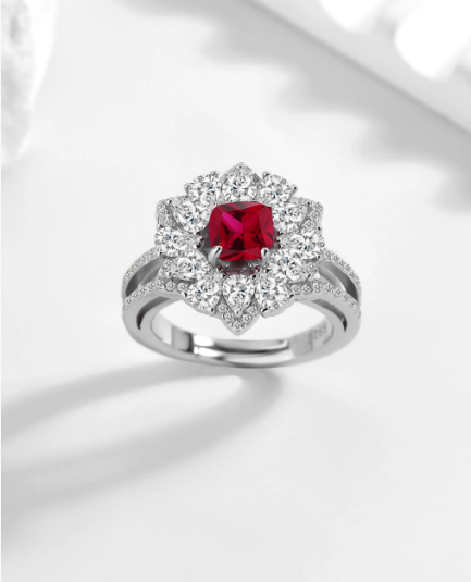 Elegant Silver Zircon Ring with Red Stone (ID: 1145)