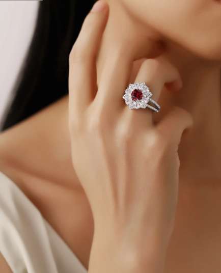 Elegant Silver Zircon Ring with Red Stone (ID: 1145)