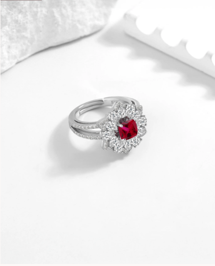 Elegant Silver Zircon Ring with Red Stone (ID: 1145)