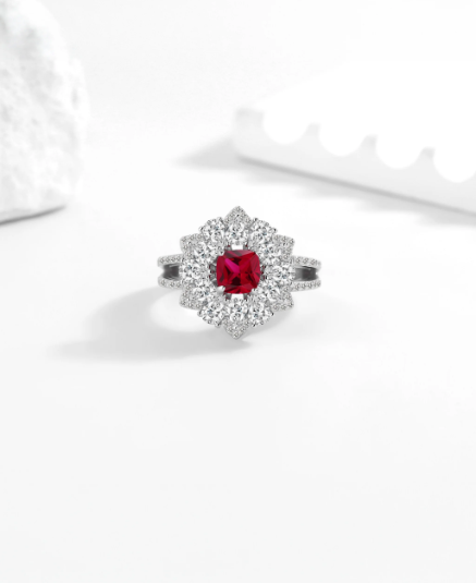 Elegant Silver Zircon Ring with Red Stone (ID: 1145)