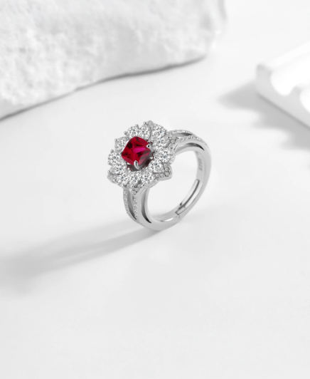 Elegant Silver Zircon Ring with Red Stone (ID: 1145)