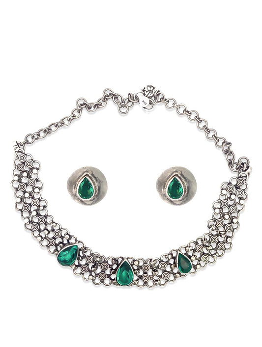 Oxidized Silver & Emerald Necklace Set [Necklace + Earrings] (ID:1628)