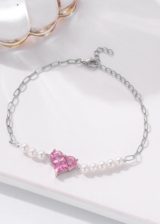 Hearts Of Bloom: Pink Swarovski & Pearl Adjustable Bracelet (ID:10102)
