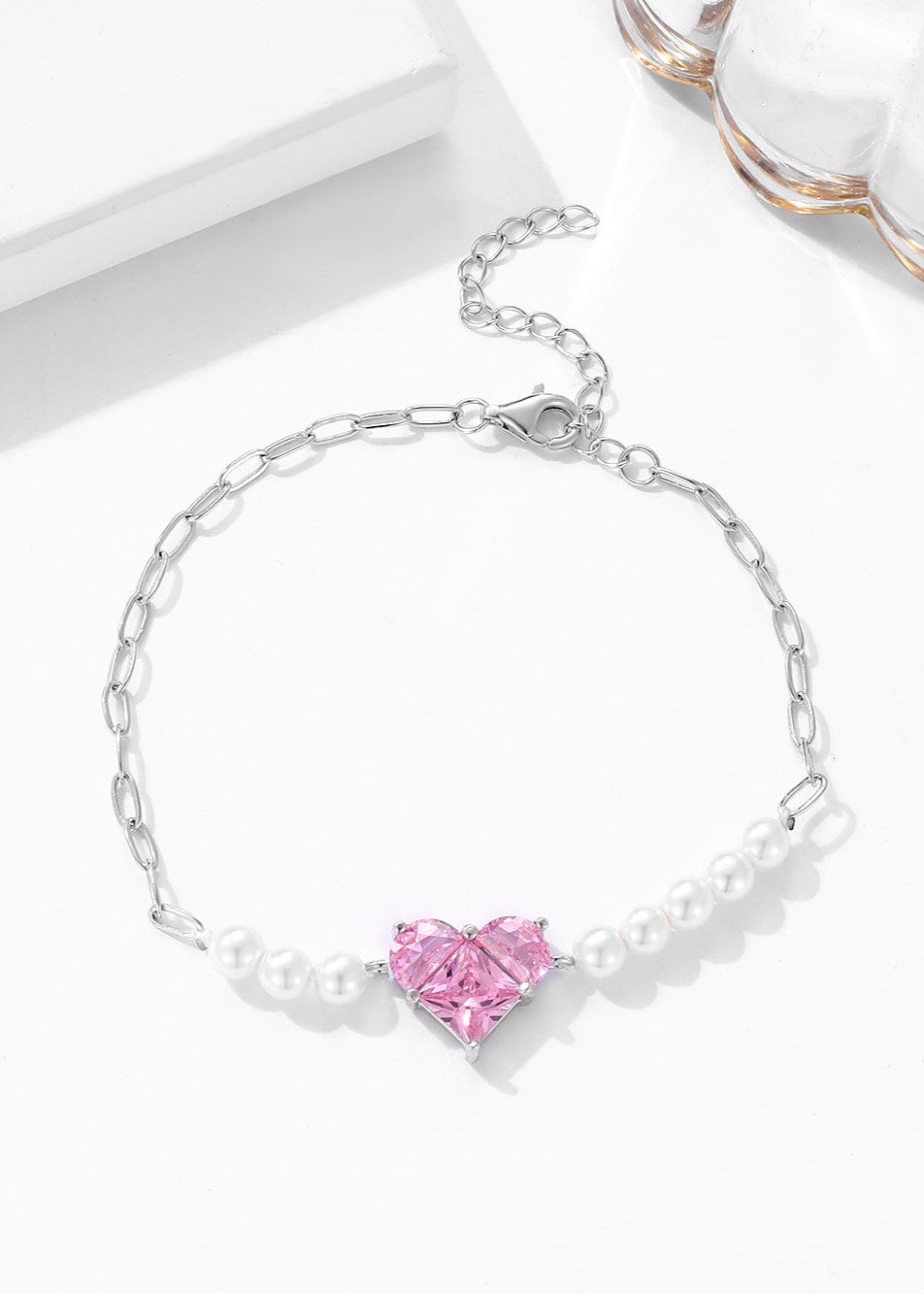 Hearts Of Bloom: Pink Swarovski & Pearl Adjustable Bracelet (ID:10102)