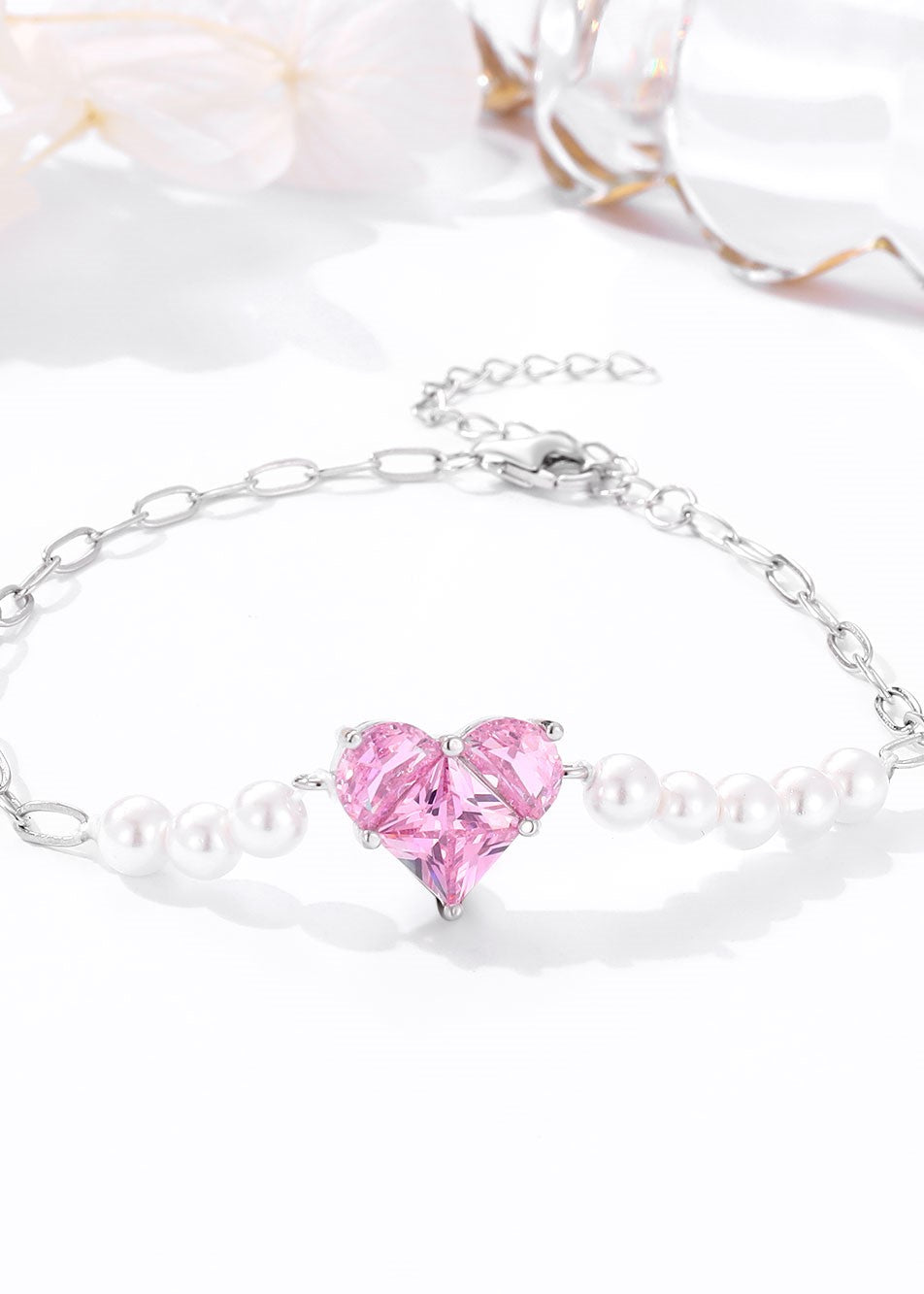 Hearts Of Bloom: Pink Swarovski & Pearl Adjustable Bracelet (ID:10102)